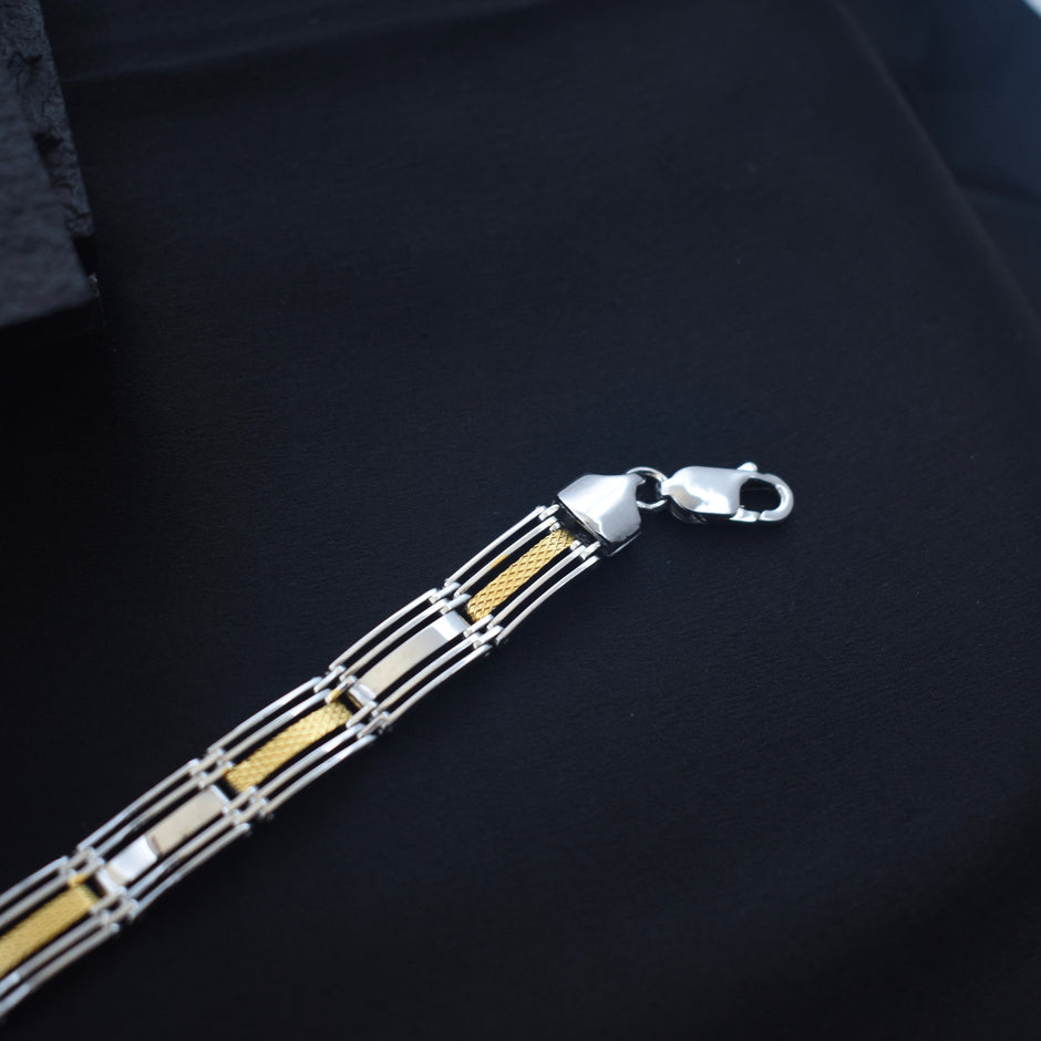 Rhodium Finish Dual-Tone Coin Link Silver Bracelet