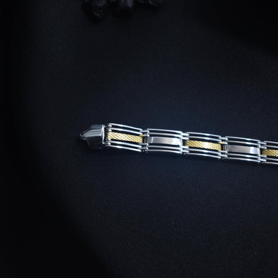 Rhodium Finish Dual-Tone Coin Link Silver Bracelet