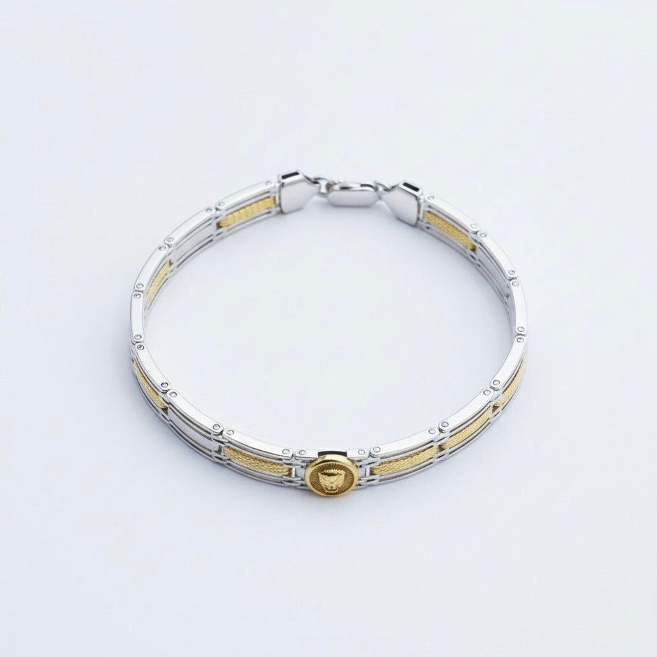 Rhodium Finish Dual-Tone Coin Link Silver Bracelet