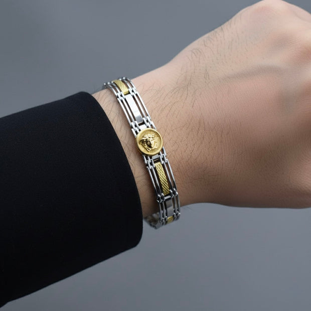 Rhodium Finish Dual-Tone Coin Link Silver Bracelet