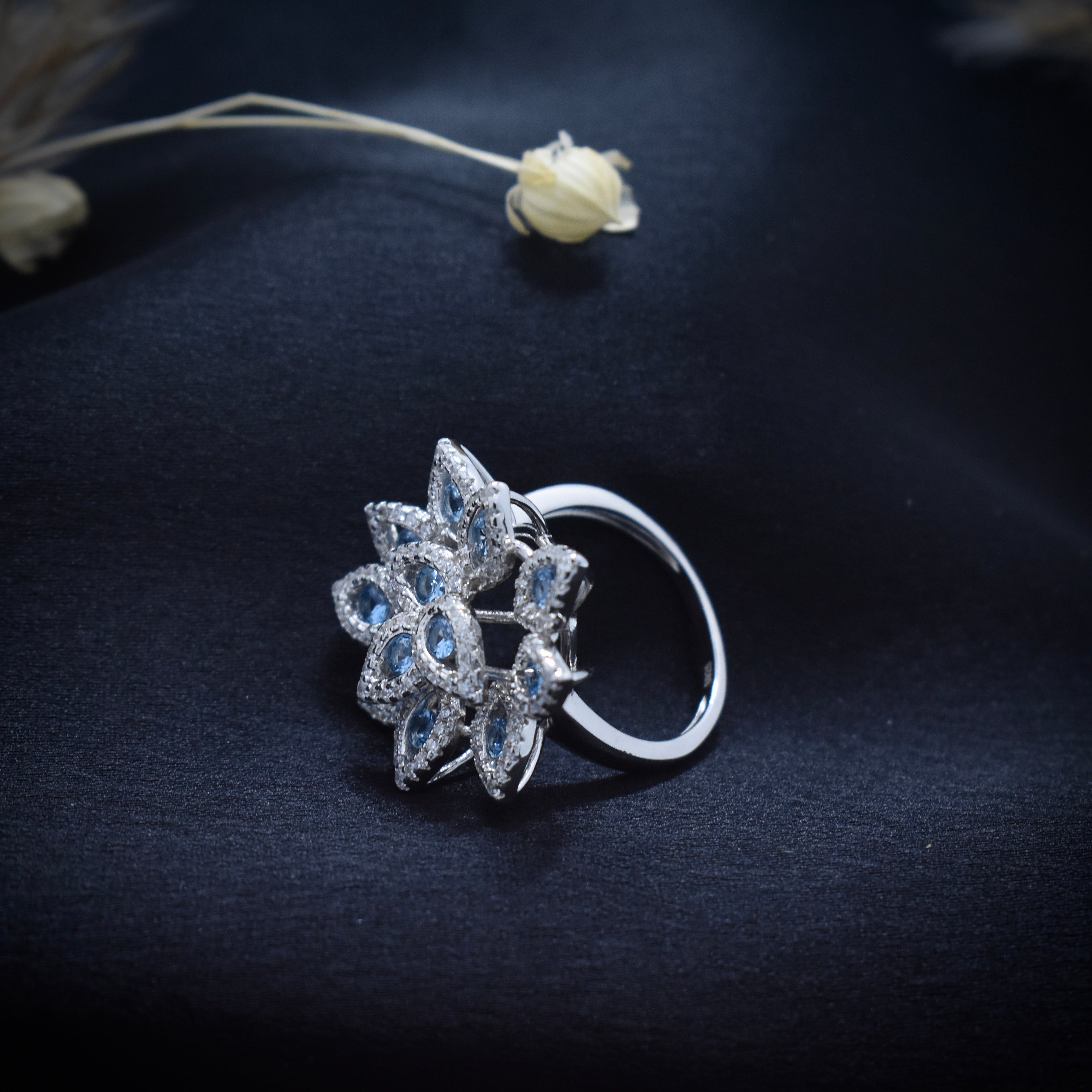 Blue Bloom Cocktail Petal Silver Ring