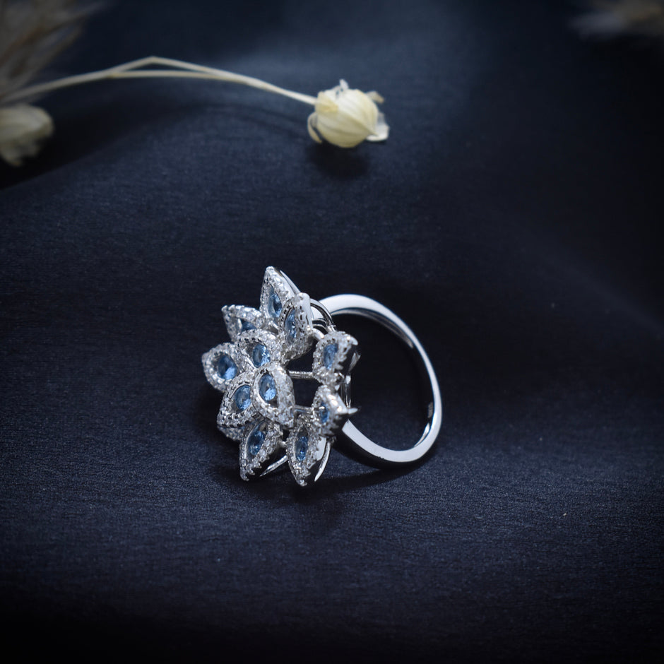 Blue Bloom Cocktail Petal Silver Ring
