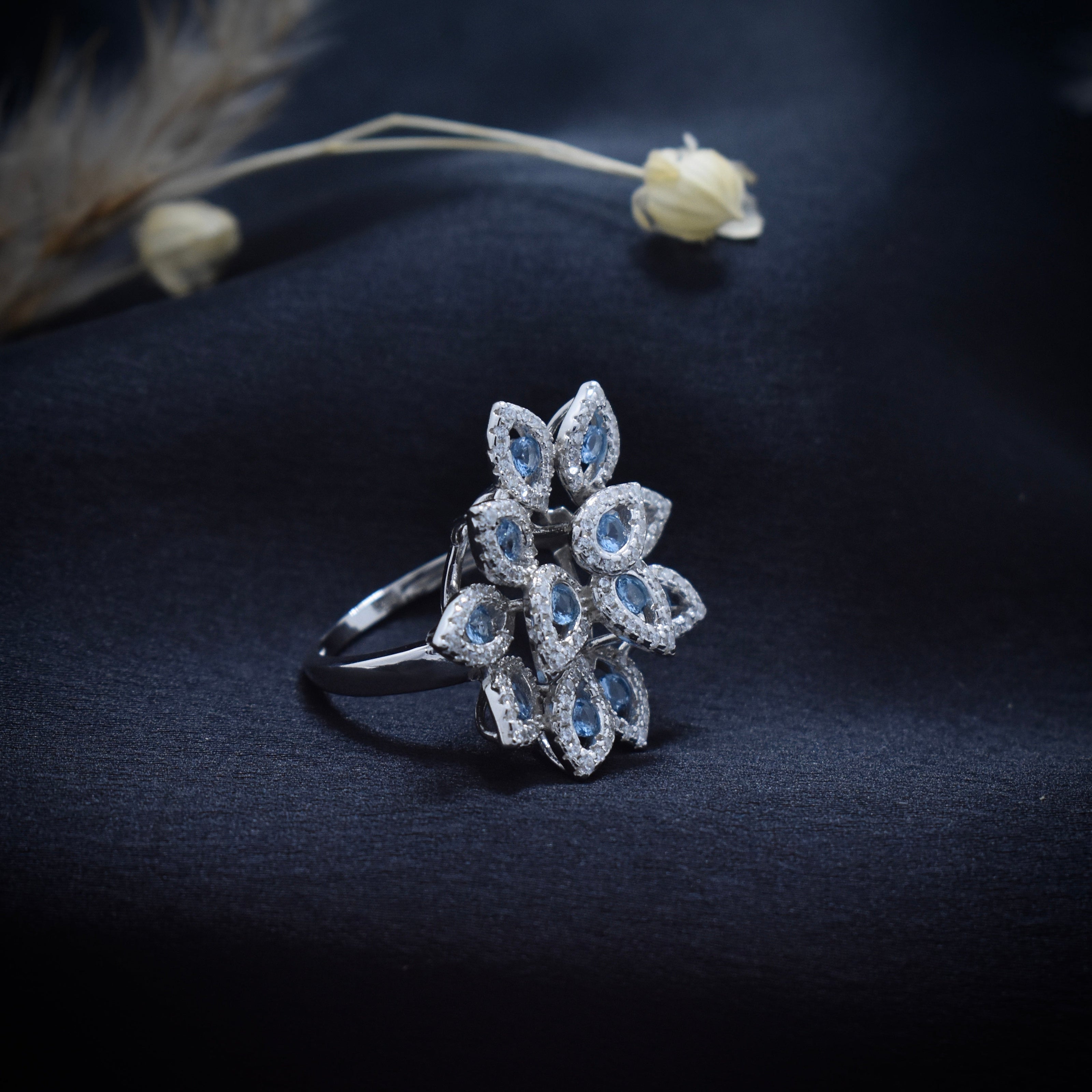 Blue Bloom Cocktail Petal Silver Ring