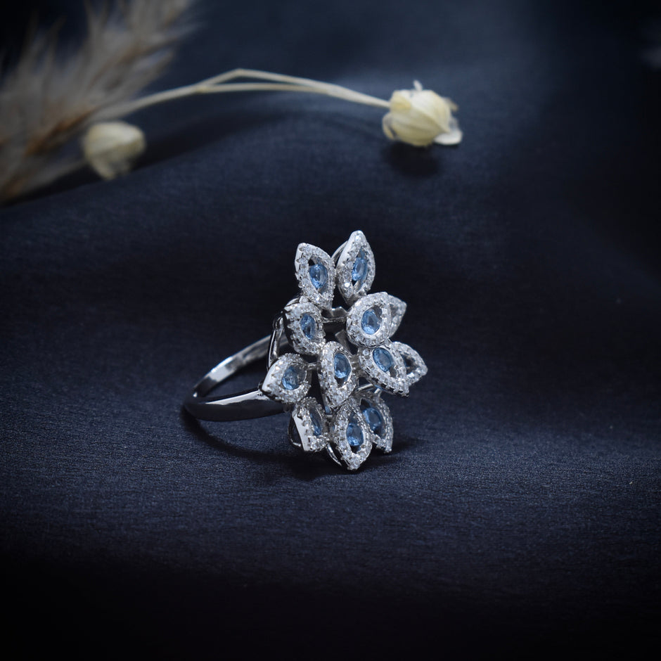 Blue Bloom Cocktail Petal Silver Ring