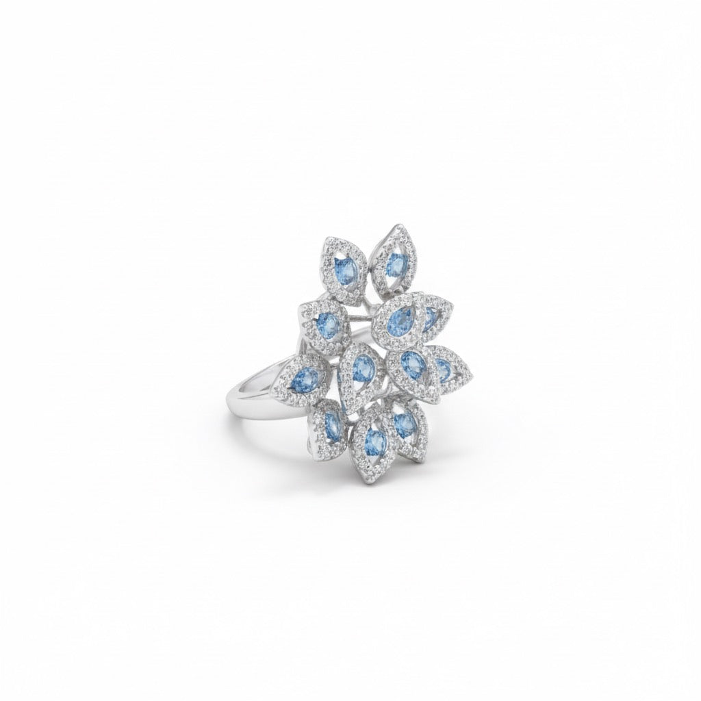 Blue Bloom Cocktail Petal Silver Ring
