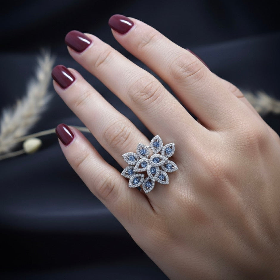 Blue Bloom Cocktail Petal Silver Ring