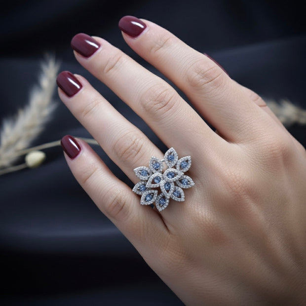 Blue Bloom Cocktail Petal Silver Ring