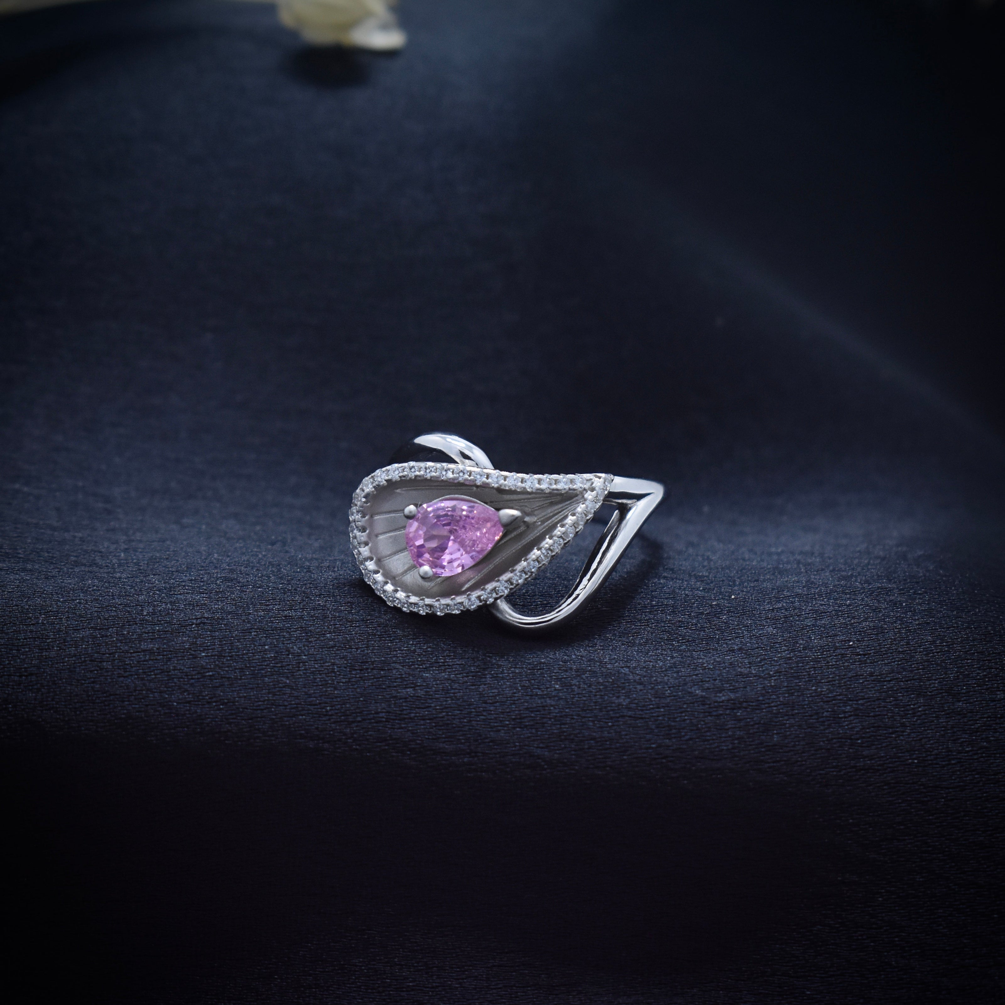Elegant Pink Gem Swirl Silver Ring