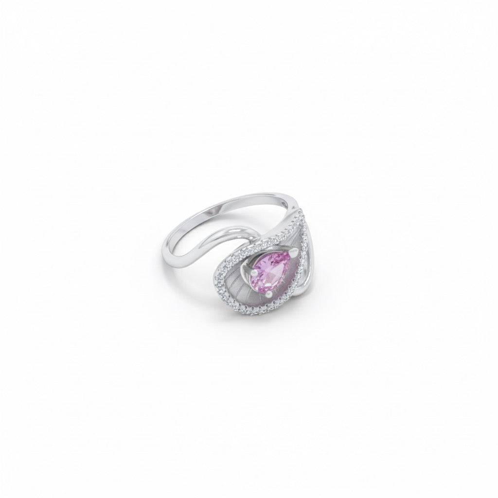 Elegant Pink Gem Swirl Silver Ring
