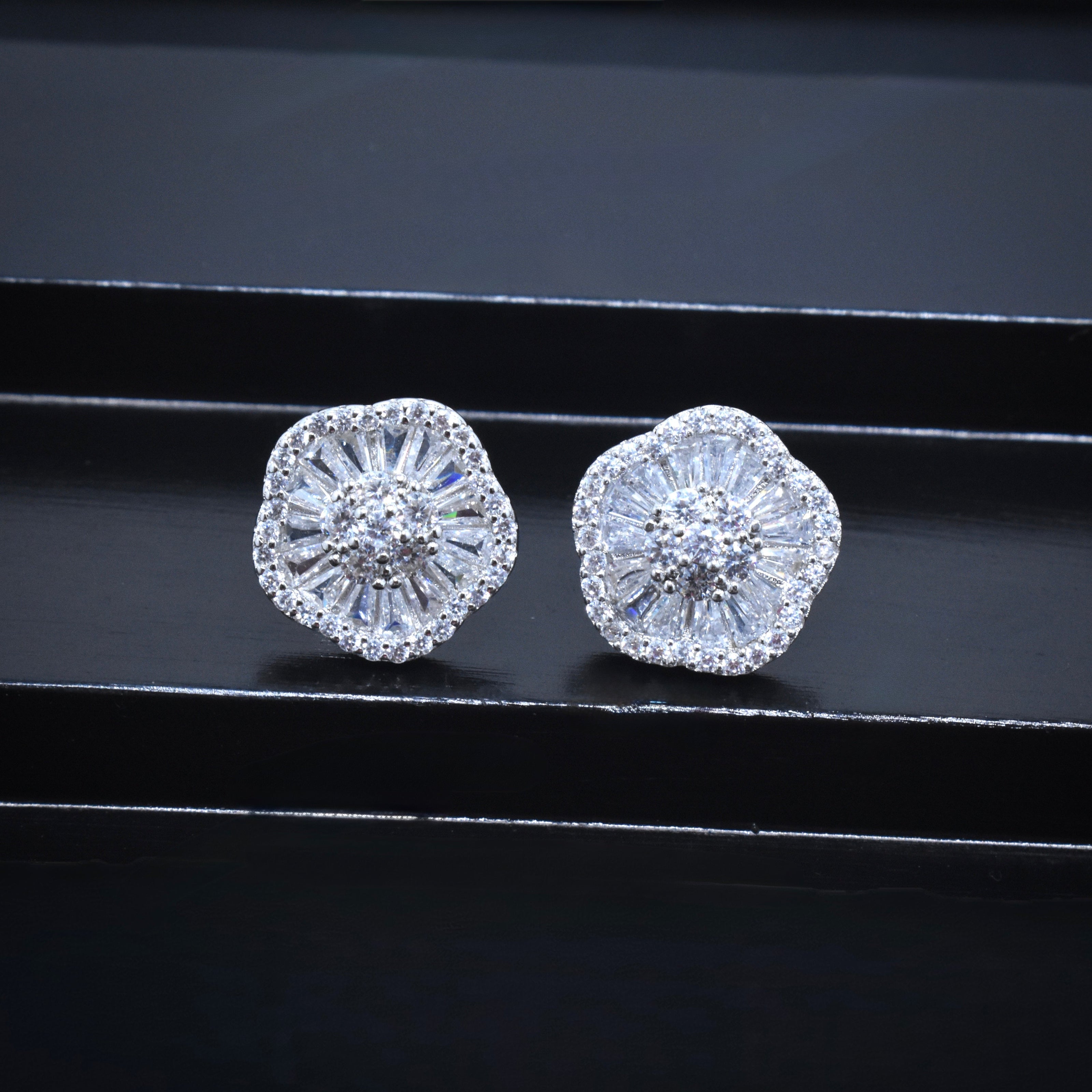 Fluted Halo Floral Silver Earrings