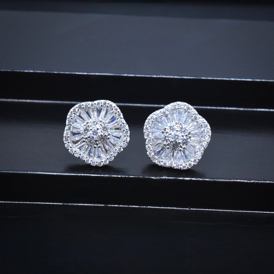 Fluted Halo Floral Silver Earrings