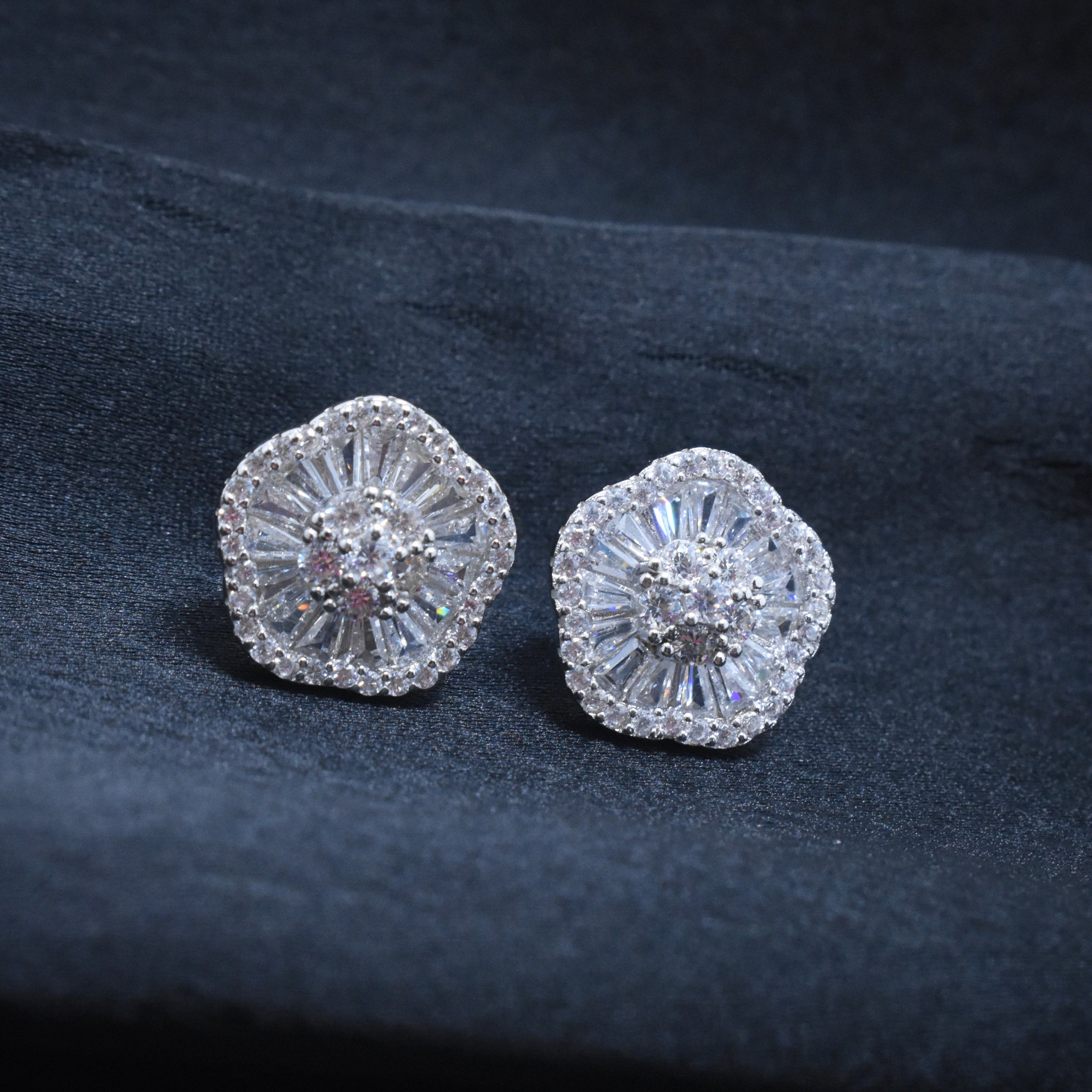 Fluted Halo Floral Silver Earrings