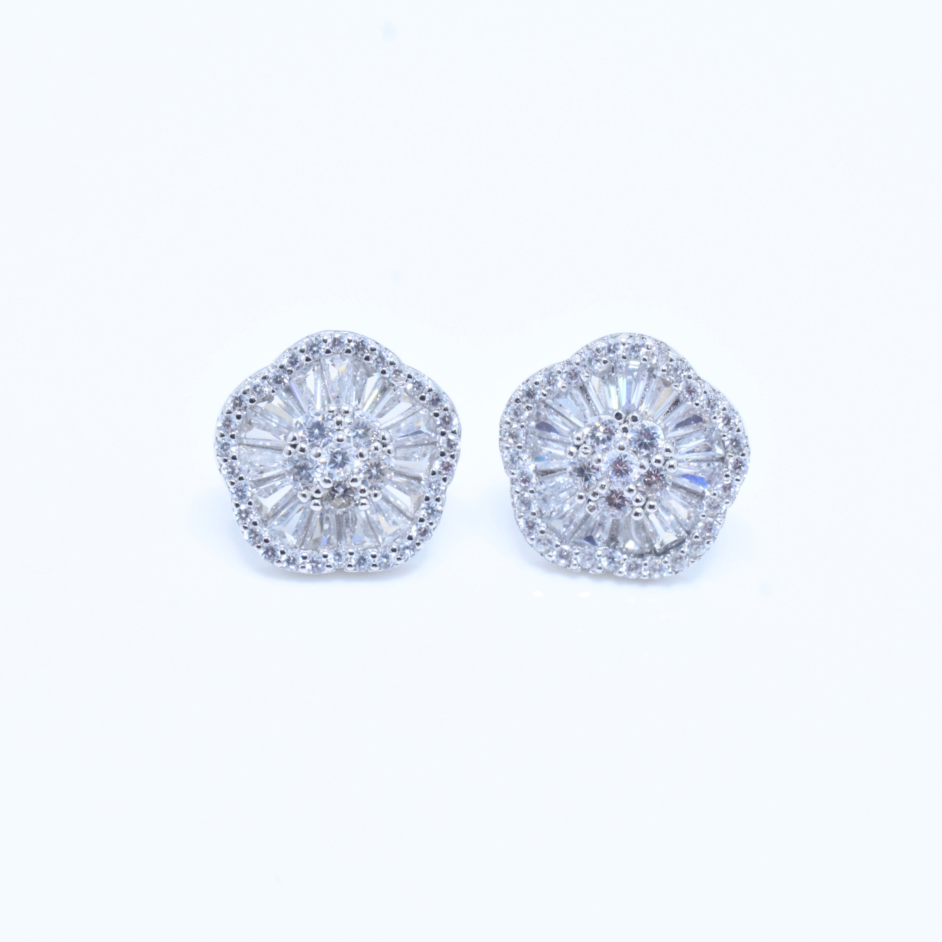Fluted Halo Floral Silver Earrings