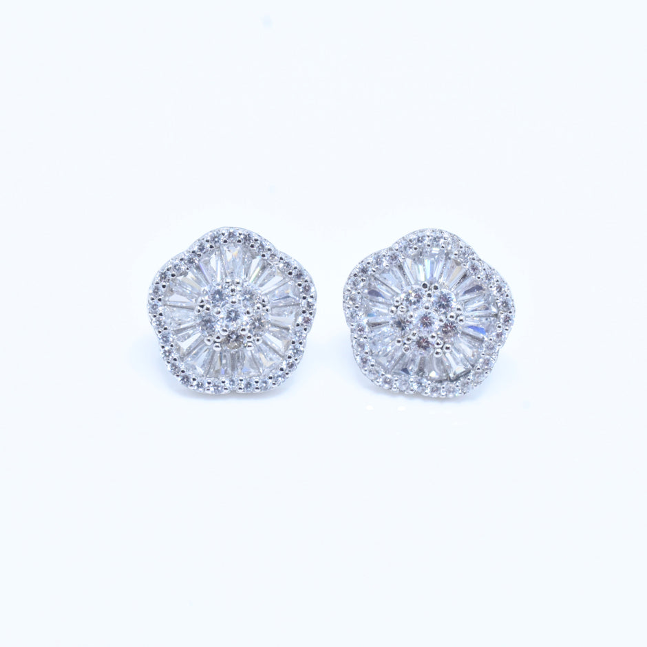 Fluted Halo Floral Silver Earrings