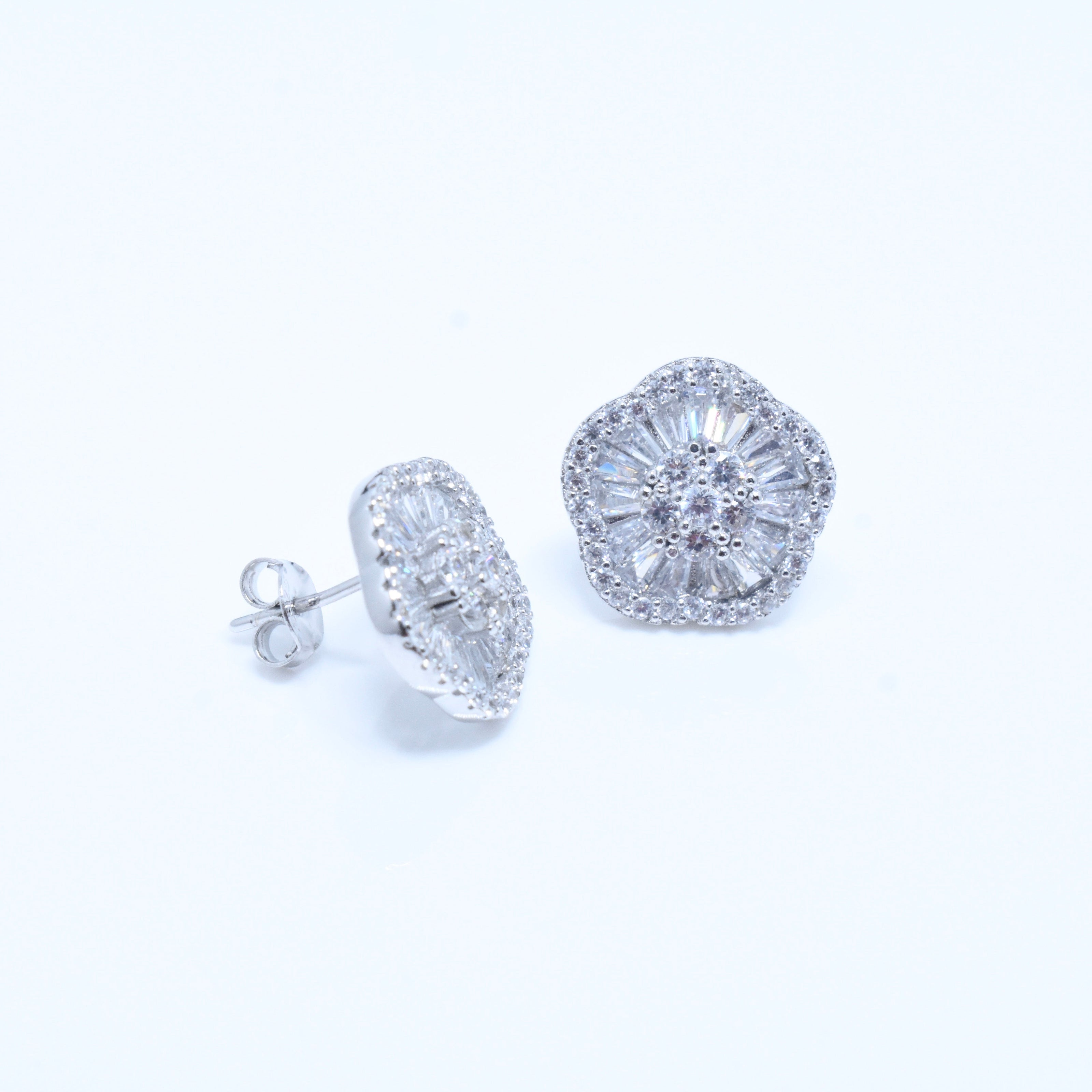 Fluted Halo Floral Silver Earrings