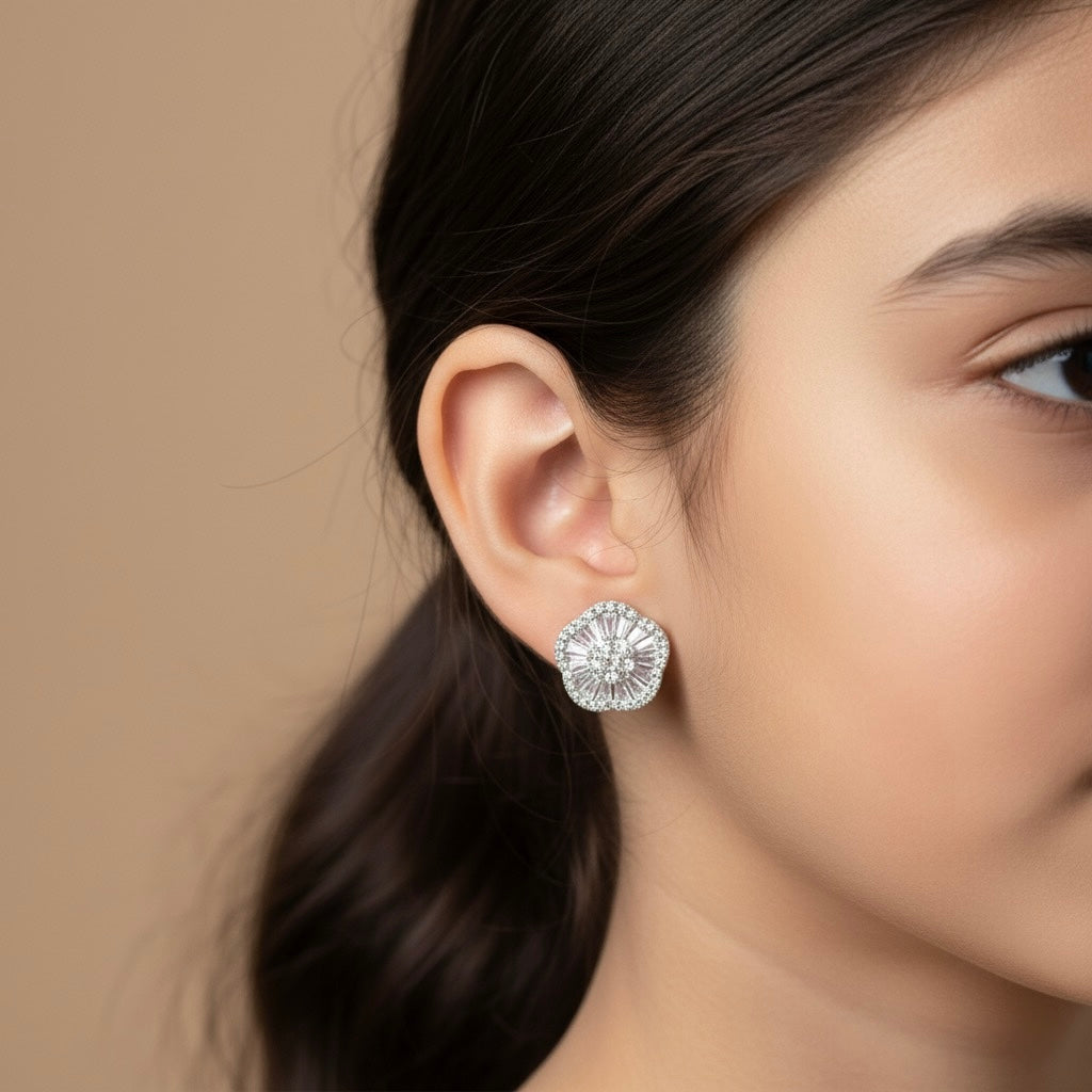 Fluted Halo Floral Silver Earrings