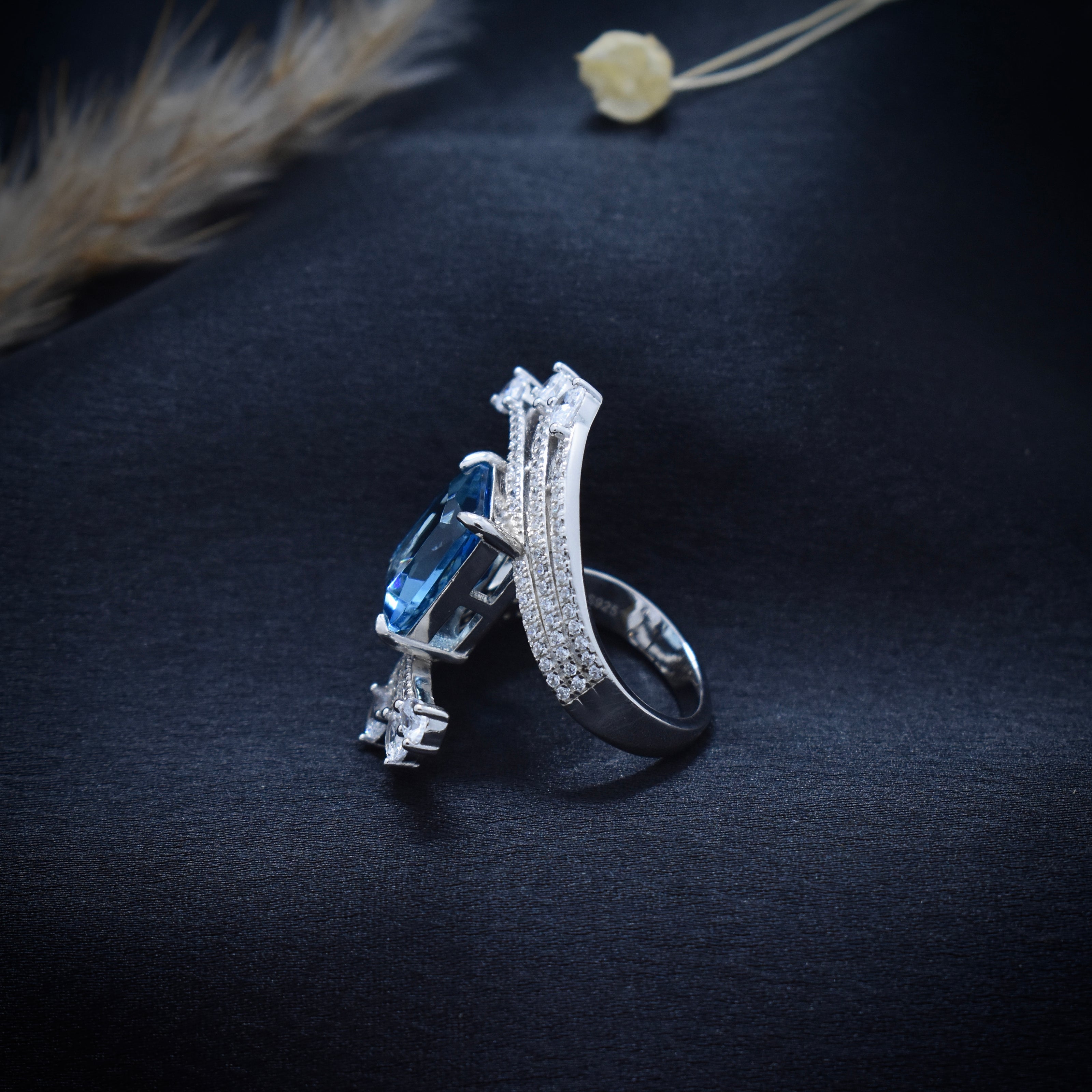 Emerald-Cut Blue Stone Multi-Row Statement Ring