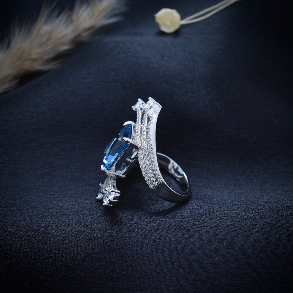 Emerald-Cut Blue Stone Multi-Row Statement Ring