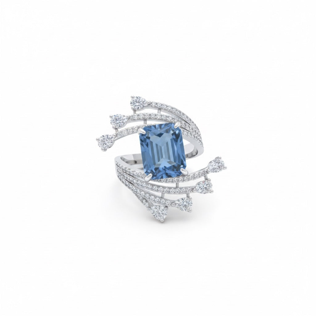 Emerald-Cut Blue Stone Multi-Row Statement Ring