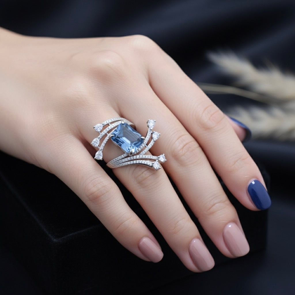 Emerald-Cut Blue Stone Multi-Row Statement Ring