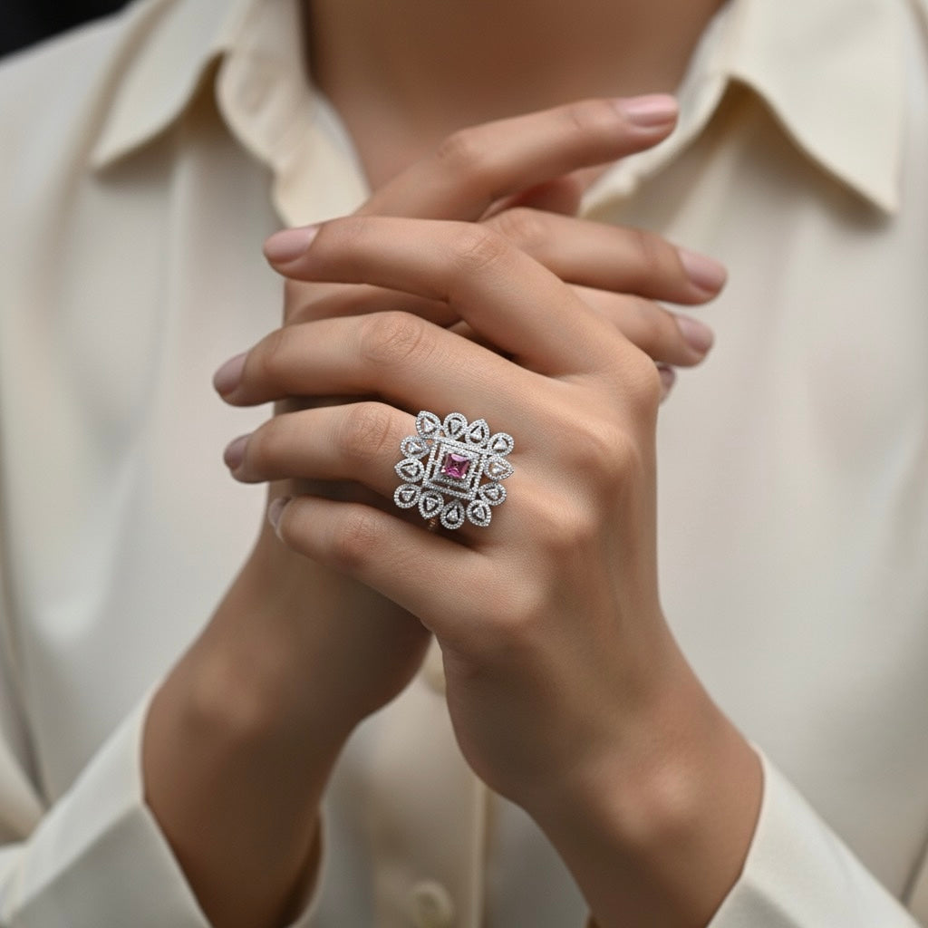 Ruby Radiance Teardrop Silver Cocktail Ring