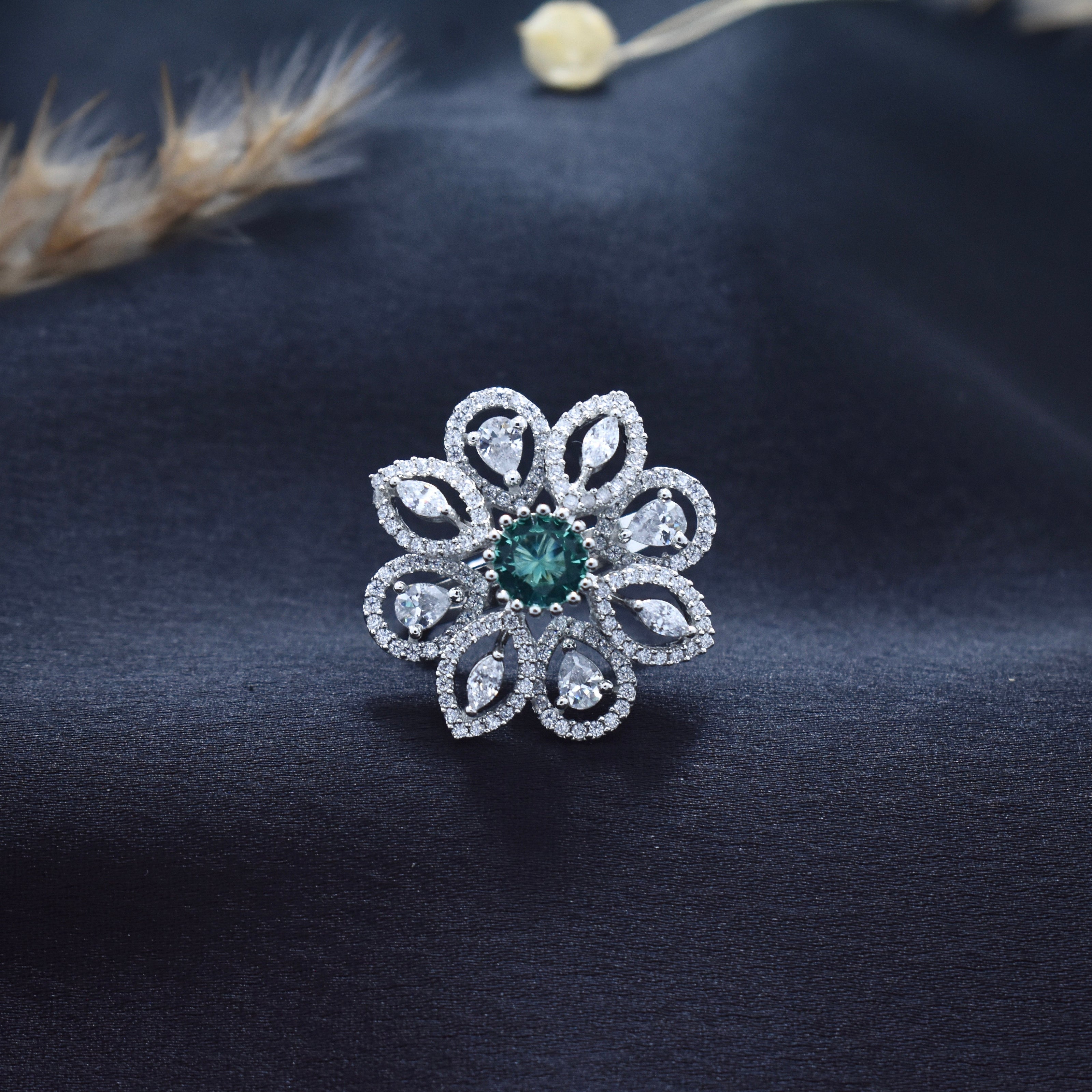 Floral Emerald Cocktail Silver Ring