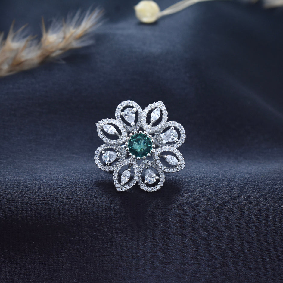 Floral Emerald Cocktail Silver Ring