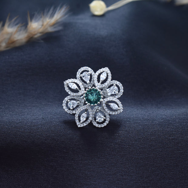 Floral Emerald Cocktail Silver Ring