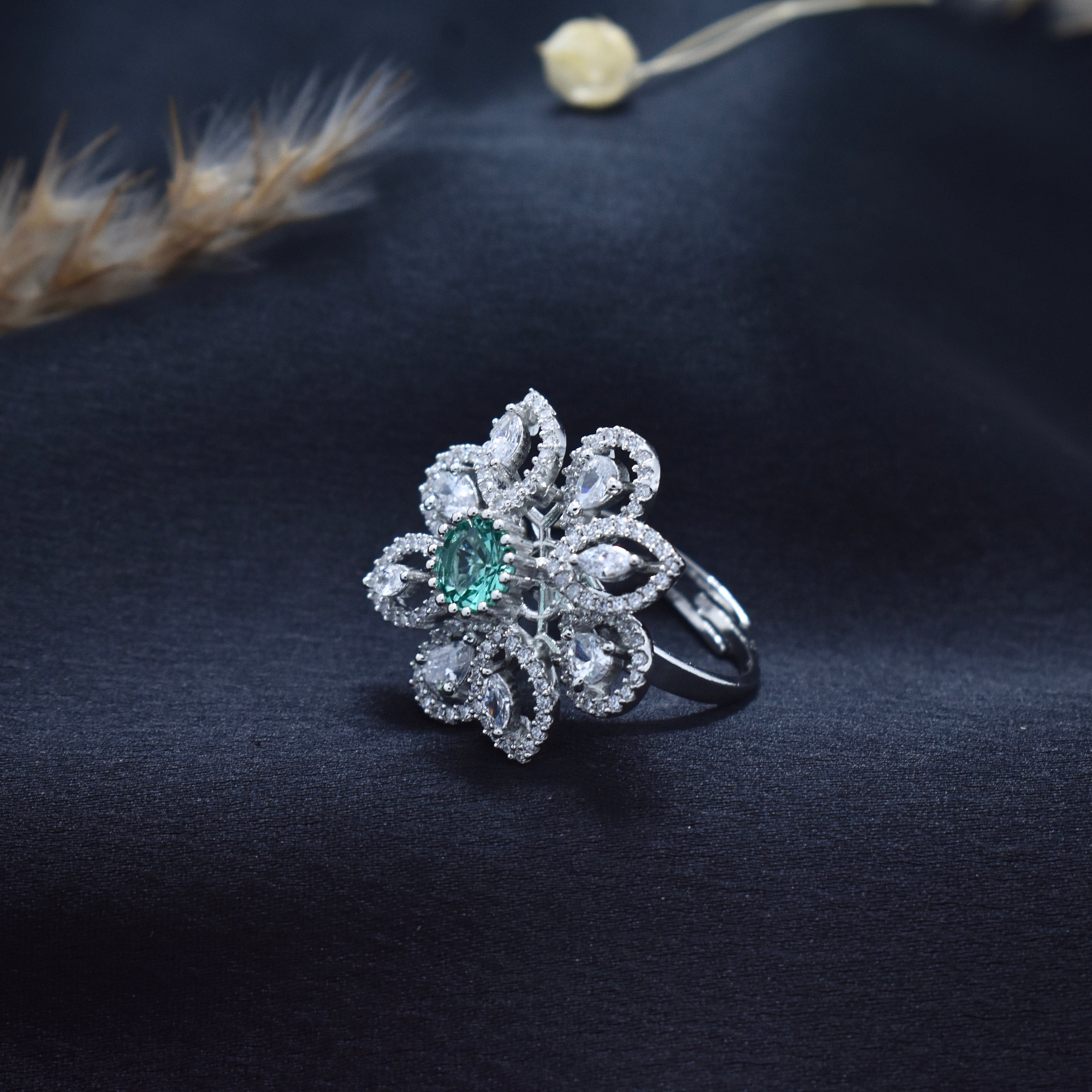 Floral Emerald Cocktail Silver Ring