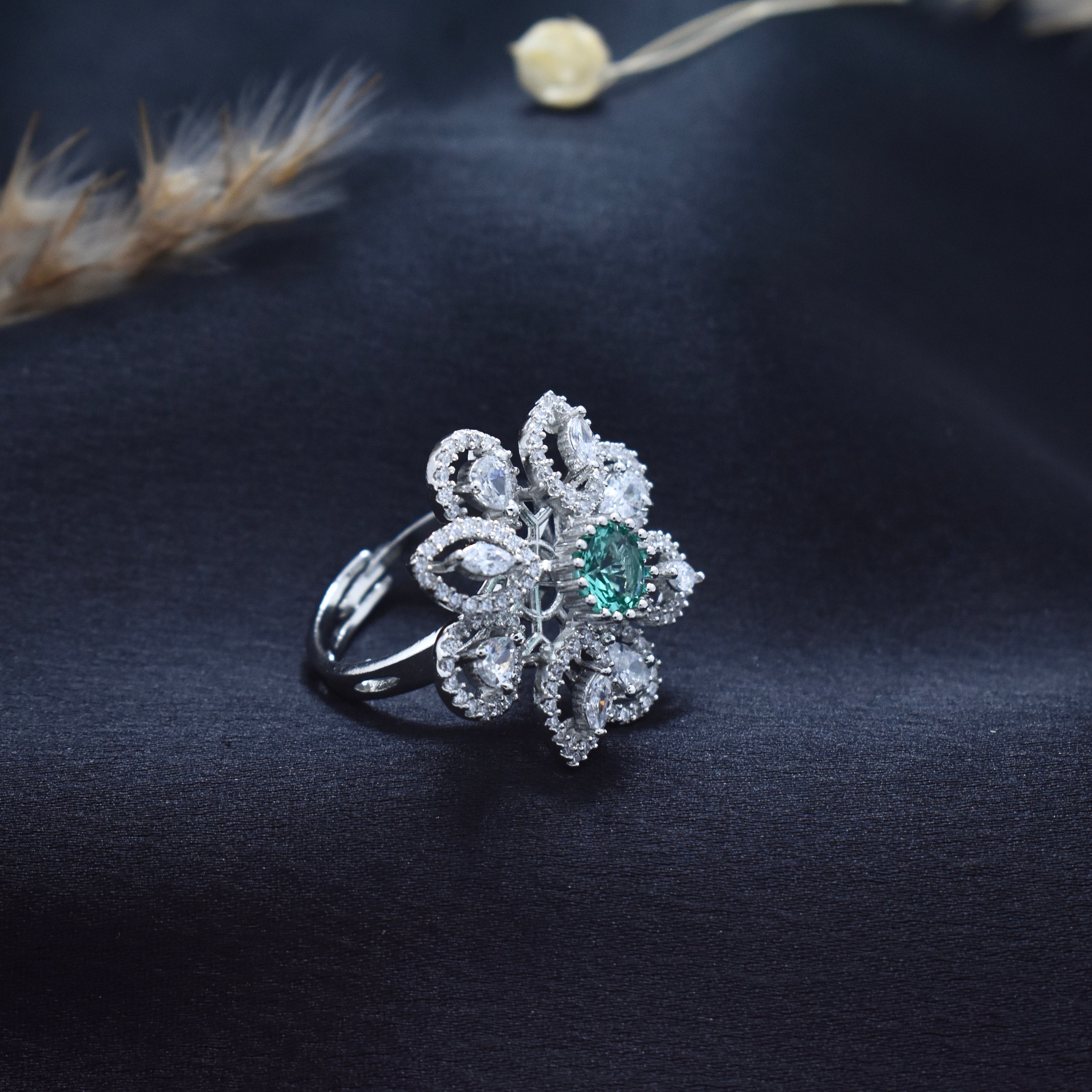Floral Emerald Cocktail Silver Ring
