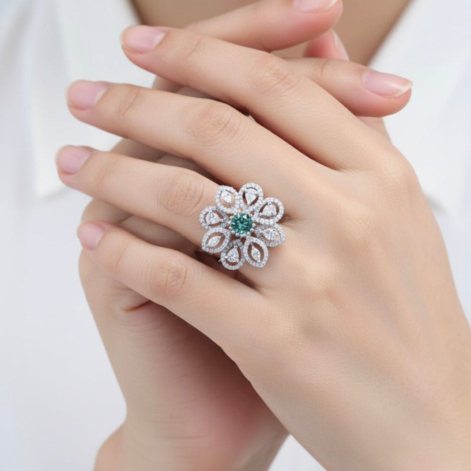 Floral Emerald Cocktail Silver Ring