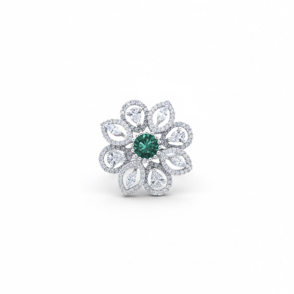 Floral Emerald Cocktail Silver Ring
