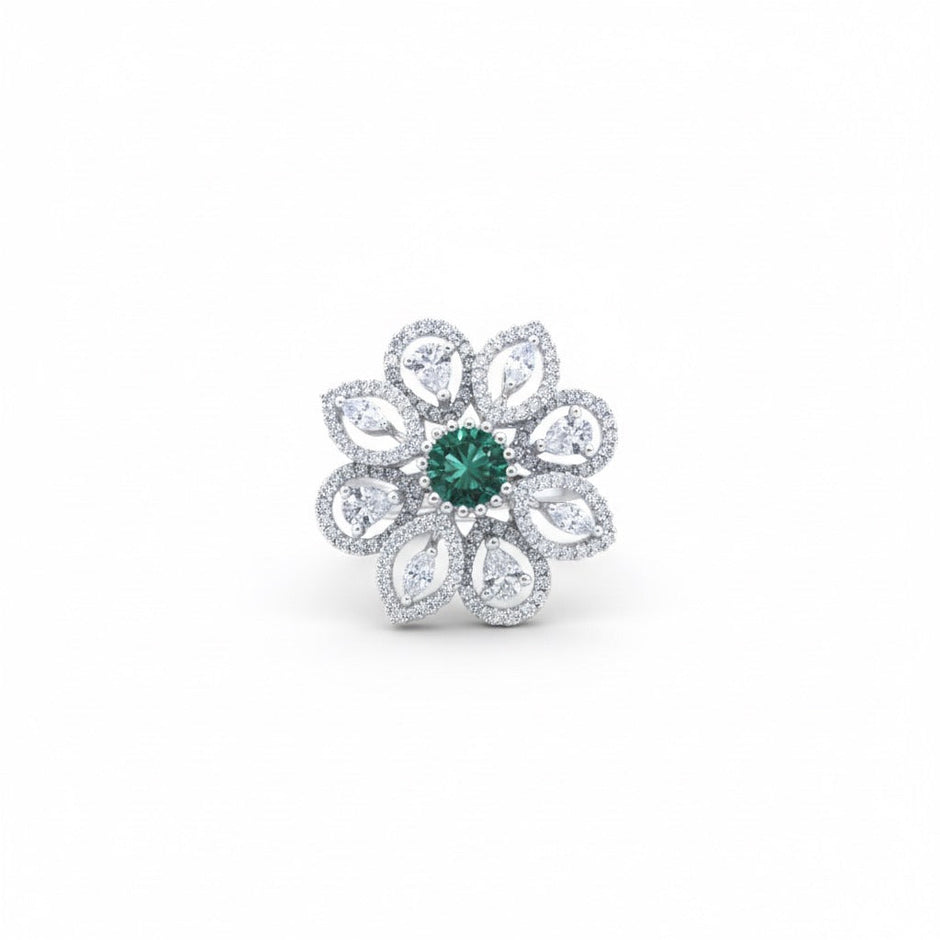 Floral Emerald Cocktail Silver Ring