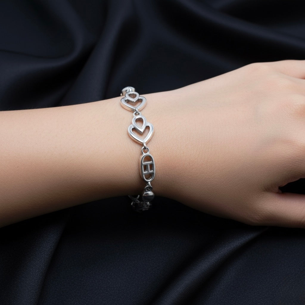 Twin Heart Link Silver Bracelet