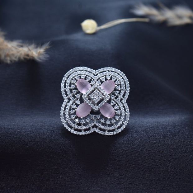 Rose quartz Clover Cocktail Silver Ring