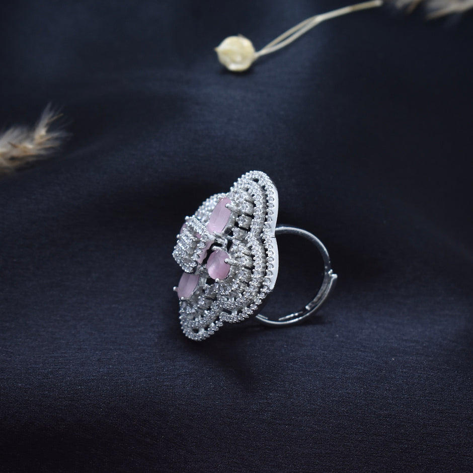 Rose quartz Clover Cocktail Silver Ring