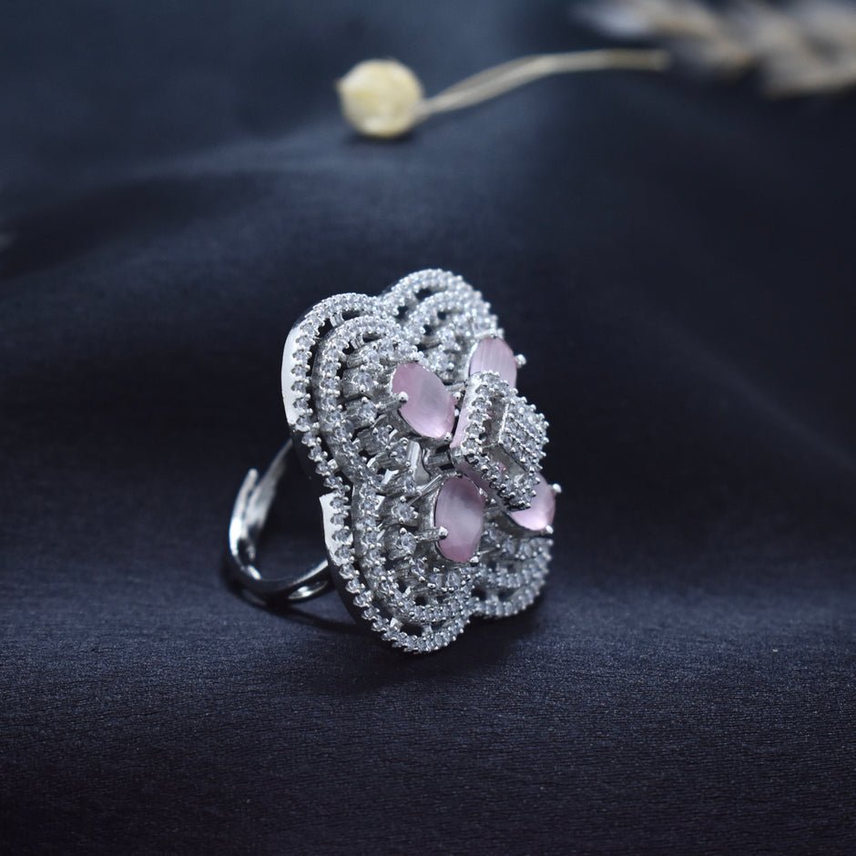 Rose quartz Clover Cocktail Silver Ring