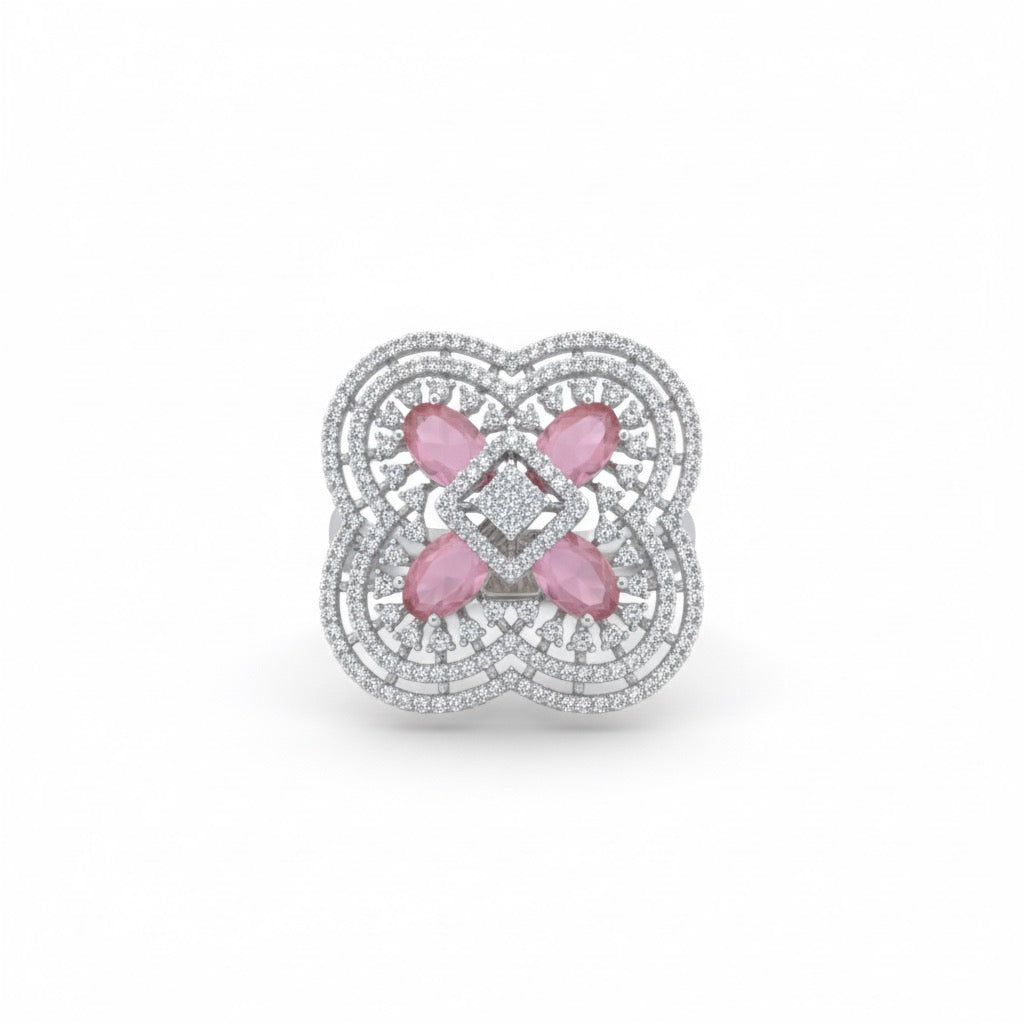 Rose quartz Clover Cocktail Silver Ring