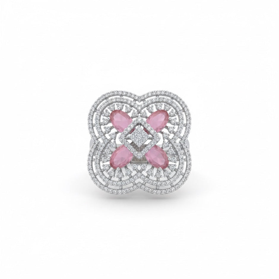 Rose quartz Clover Cocktail Silver Ring