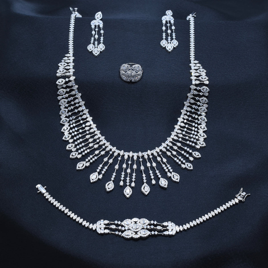 Cascading Drop Necklace Silver Set