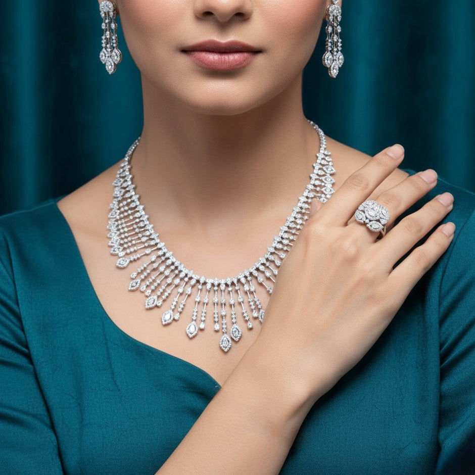 Cascading Drop Necklace Silver Set