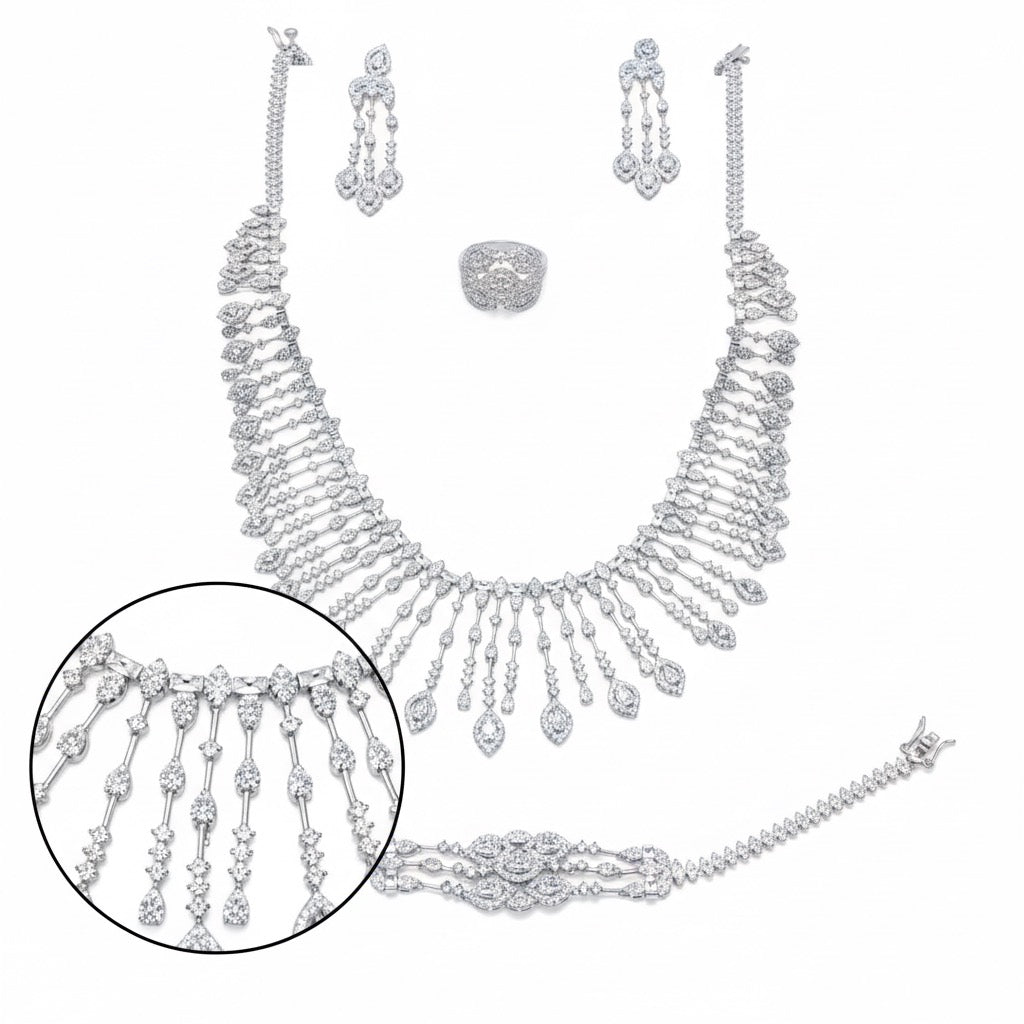 Cascading Drop Necklace Silver Set