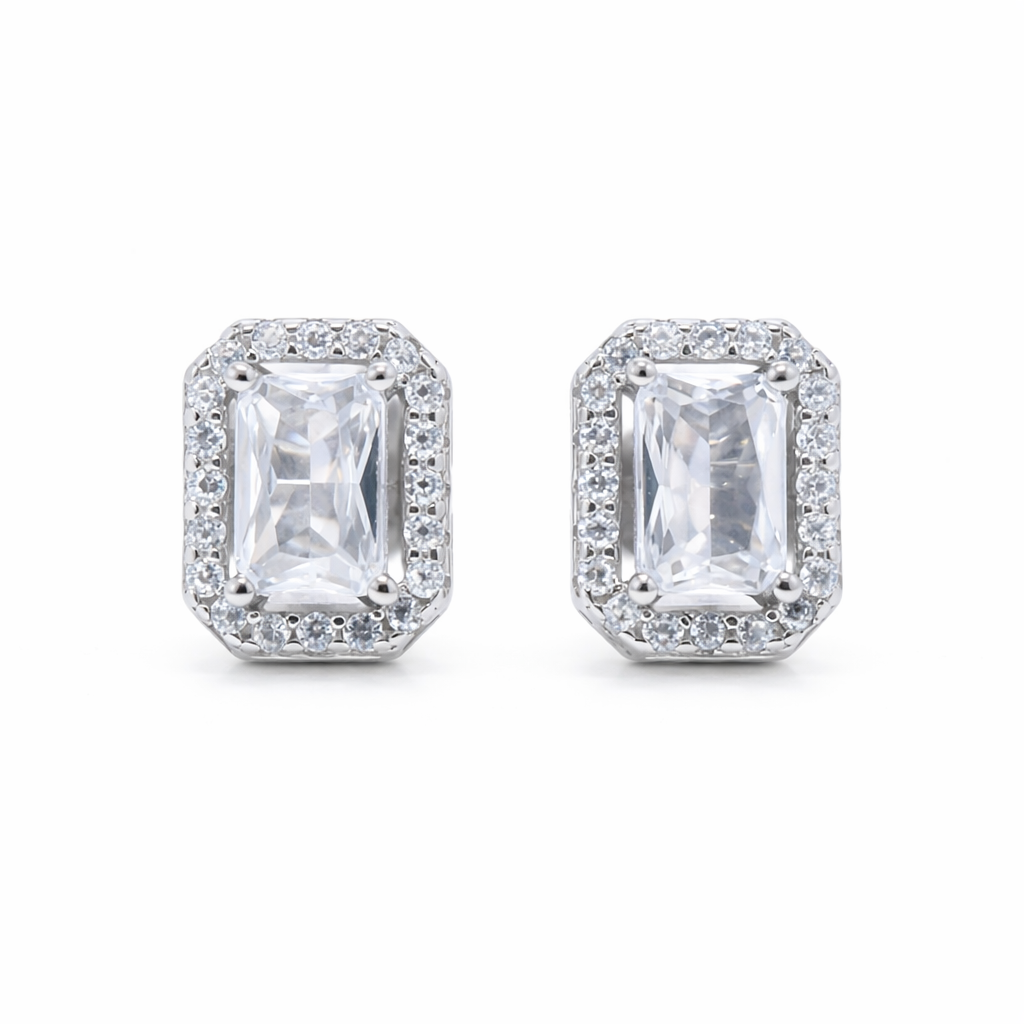 Emerald Cut Solitaire Halo Studs