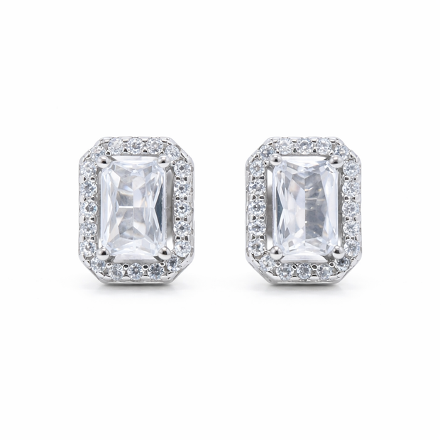 Emerald Cut Solitaire Halo Studs
