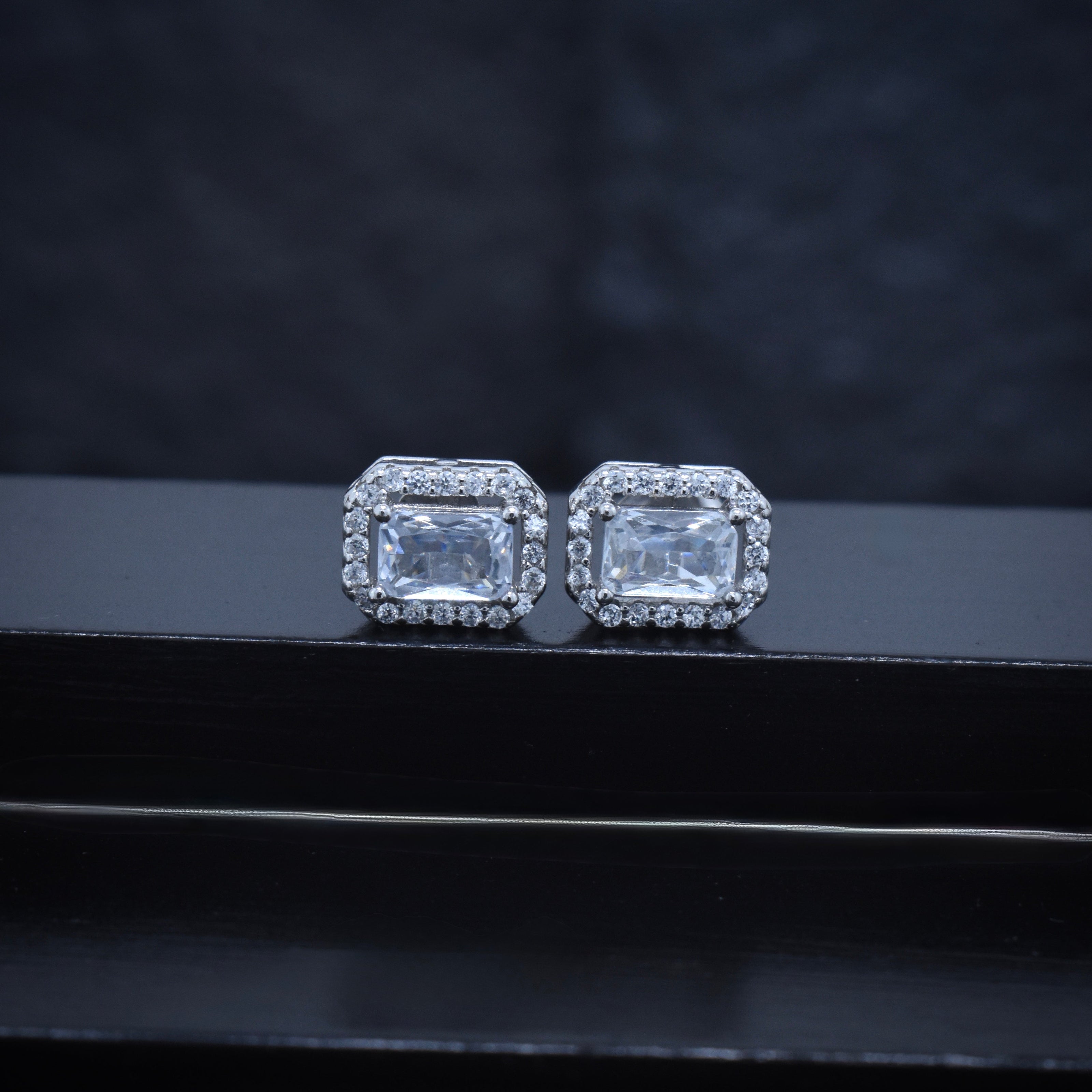 Rectangle Halo Silver Earrings