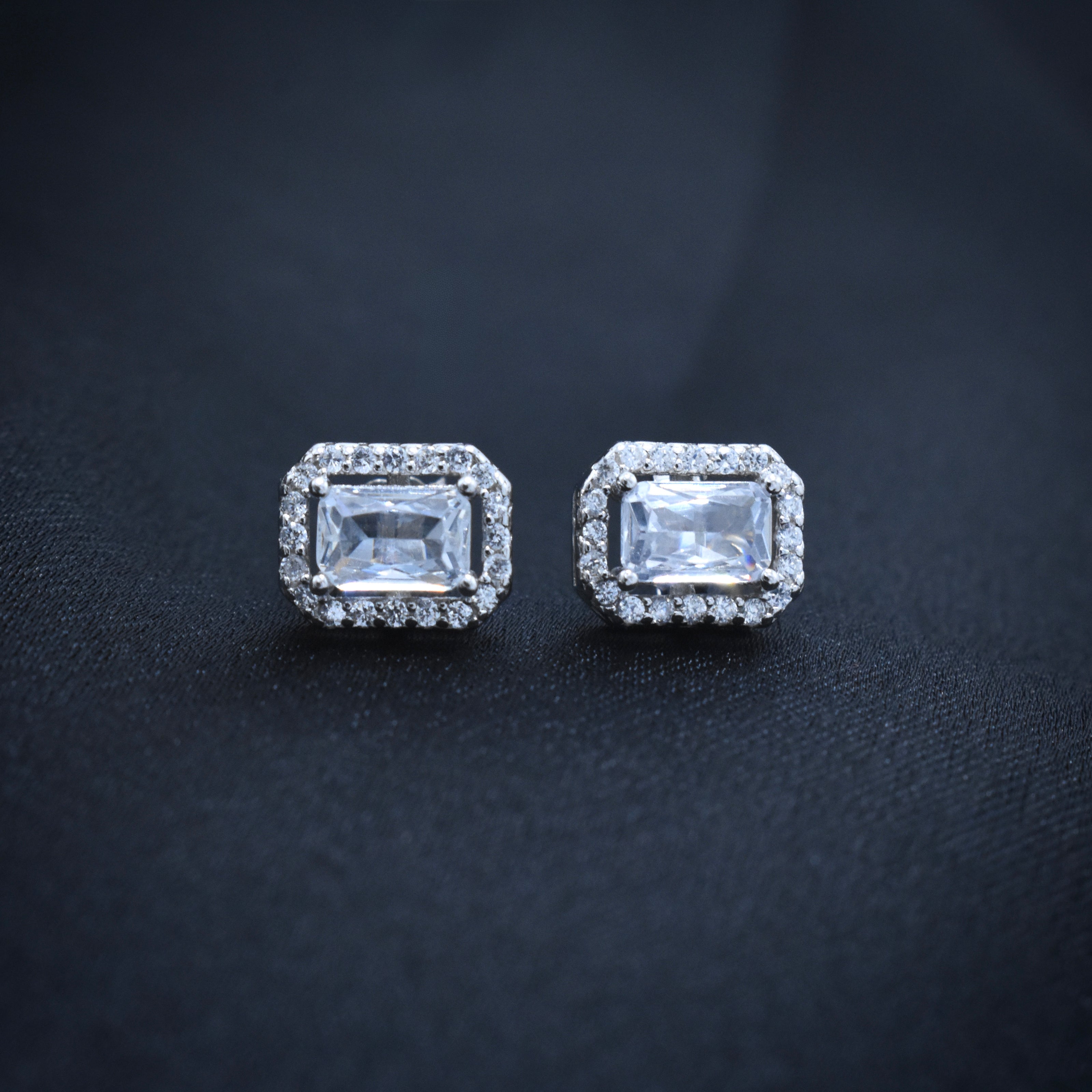 Emerald Cut Solitaire Halo Studs