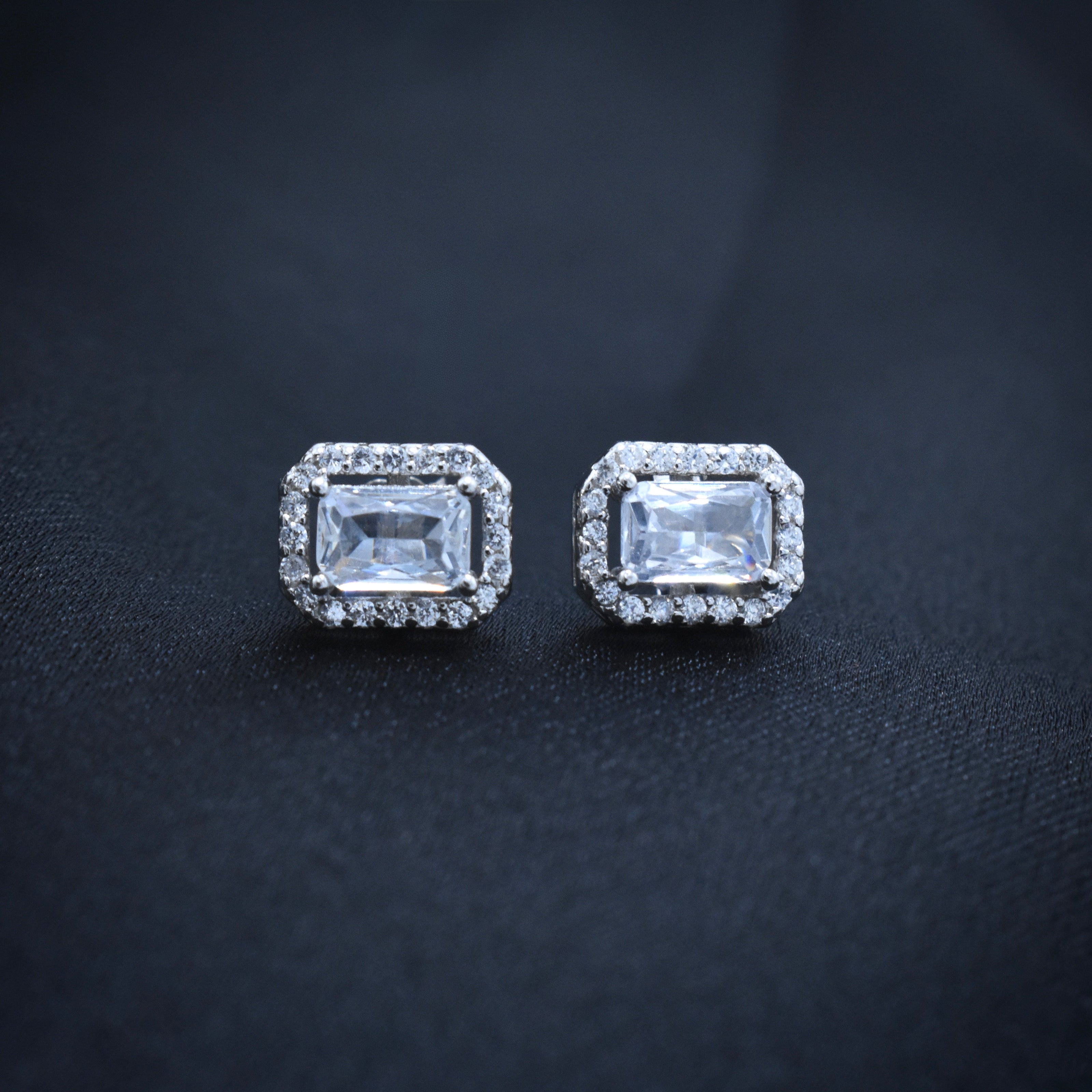 Rectangle Halo Silver Earrings