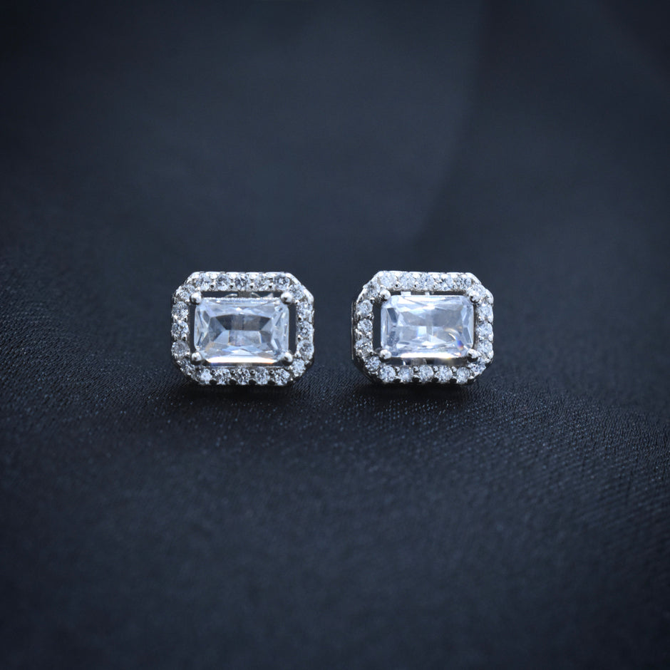 Rectangle Halo Silver Earrings