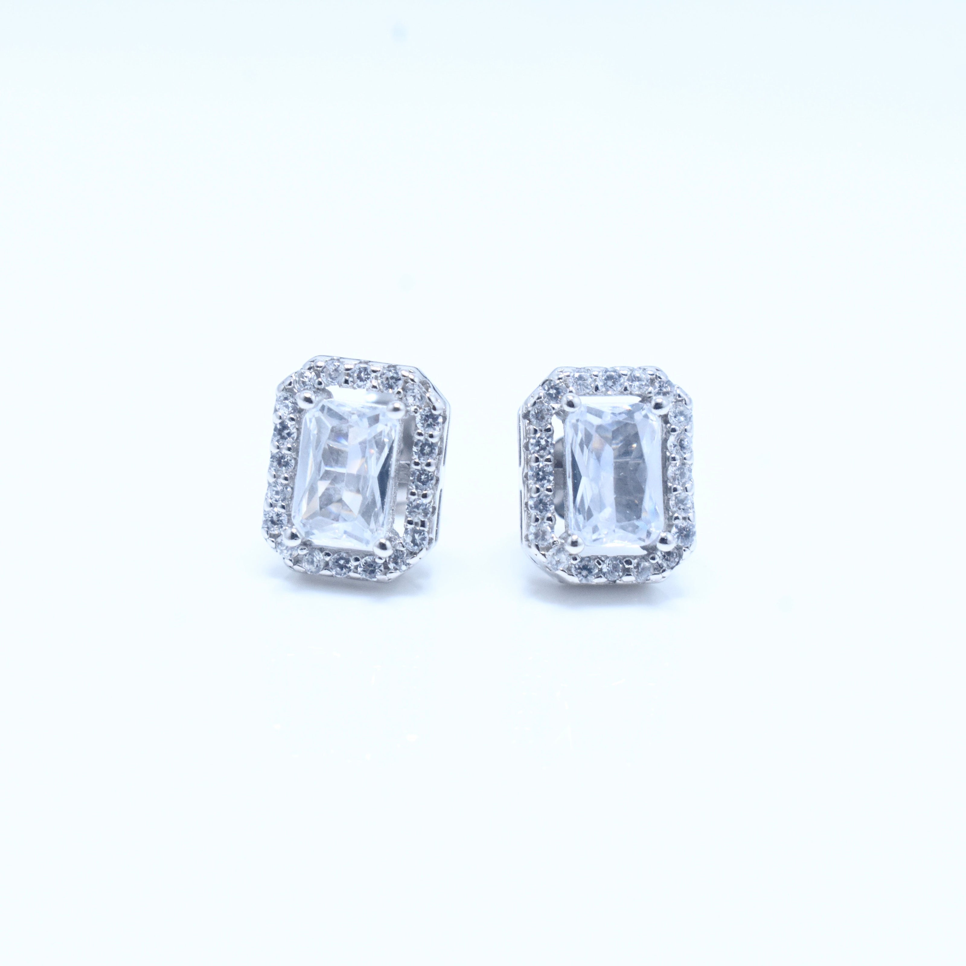 Rectangle Halo Silver Earrings