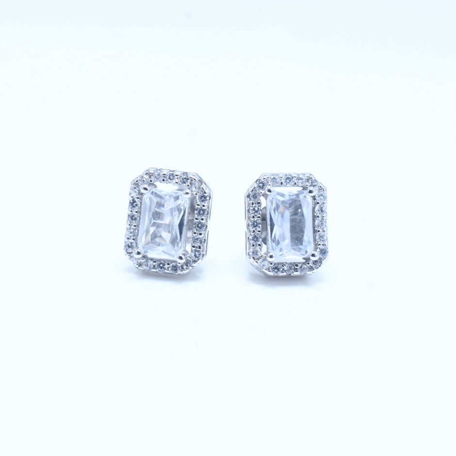 Rectangle Halo Silver Earrings
